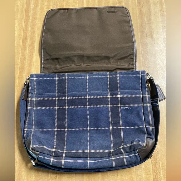 Coach men’s blue plaid messenger bag